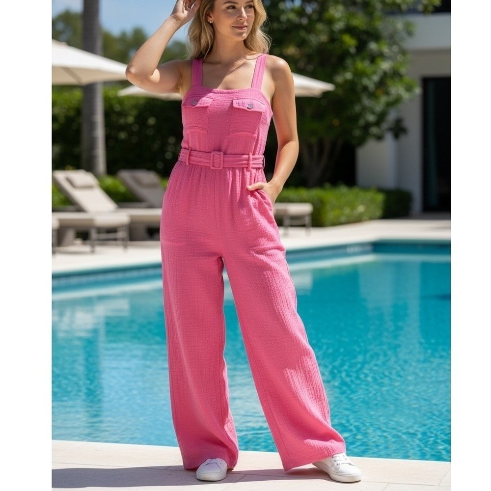 BTFL-life High Waist Wide Leg Belted Button Long Jumpsuit Womens S Pink Summer